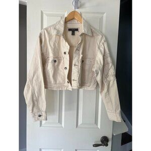 Forever 21 Cropped Denim Jacket M Cream Off White Button Front Y2K Streetwear